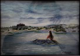 Mermaid A mermaid on a rock in the ocean gazes at a castle on the shore
