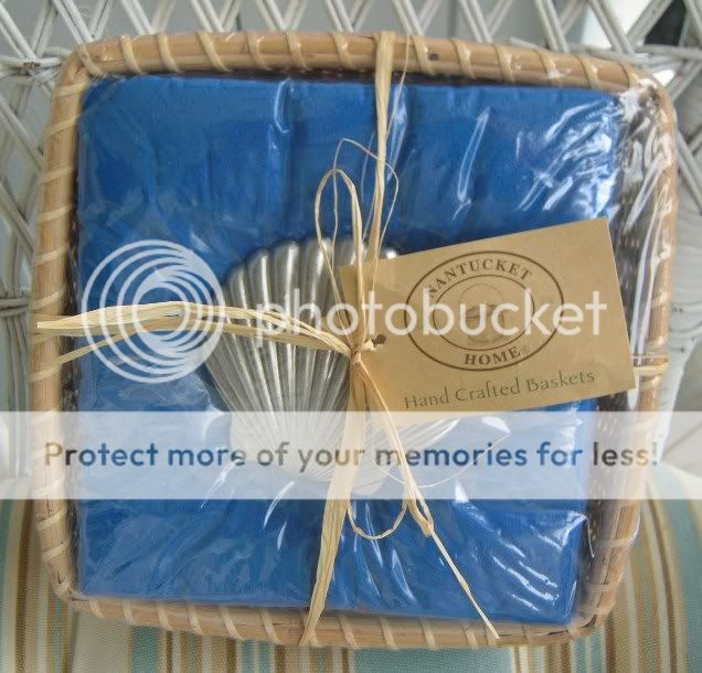 Napkin Holder Nantucket Basket Silver Seashell Blue Wicker Wood Bottom 